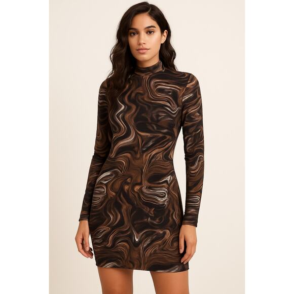 Shein Brown Marble Swirl Mock Neck Bodycon Dress – Size Medium - Picture 1 of 8